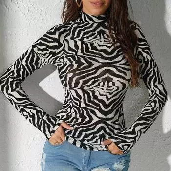 Модная женская водолазка с принтом зебры, простая блузка 2023, повседневные облегающие топы с длинным рукавом, Mujer, осенняя офисная винтажная рубашка 29866 XS орион