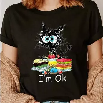 Модная женская забавная футболка с принтом кота, забавная повседневная футболка с круглым вырезом и короткими рукавами, летняя женская футболка XS чёрный