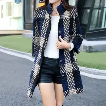 Модная женская зимняя осенняя пуговица в клетку из шерсти, длинная теплая куртка, верхняя одежда, пальто XXL синий