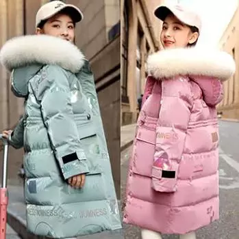 Модная зимняя куртка для девочек, сохраняющая тепло, большой меховой воротник, пальто с капюшоном для детей 170cm зелёный