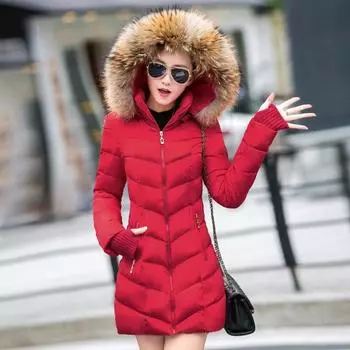 Модная зимняя куртка женская с большим меховым воротником и капюшоном, толстые пуховые парки, длинная женская тонкая теплая зимняя куртка, верхняя одежда M вино красного