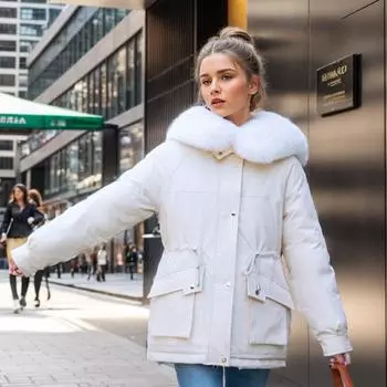 Модная зимняя куртка женская теплая куртка длинная женская куртка большого размера 3XL женская парка зимнее пальто женская меховой воротник с капюшоном верхняя одежда M белый