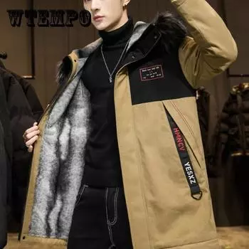 Модная зимняя мужская куртка с большим крутым меховым воротником, повседневная парка, верхняя одежда, утепленное пальто с капюшоном M бежевый