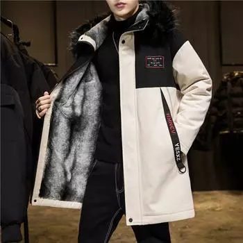 Модная зимняя мужская куртка с большим крутым меховым воротником, повседневная парка, верхняя одежда, утепленное пальто с капюшоном M чёрный