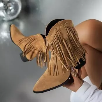 Модная зимняя обувь для женщин 2024 года, осенние ретро-ботинки с острым носком и кисточками, удобные туфли на платформе и квадратном каблуке Botas De Mujer 35 коричневый