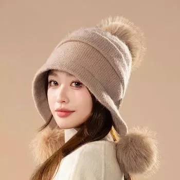 Модная зимняя вязаная шапка-бини из искусственного меха с помпоном, симпатичная шапка-казачок с помпоном, утепленная теплая вязаная шапка, защищающая от холода One Size белый