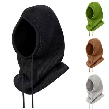 Модная зимняя вязаная шапка для взрослых, пуловер, бархатная теплая велосипедная ветрозащитная шапка с воротником и ушками One Size чёрный