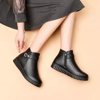 Модная зимняя женская обувь, женские кожаные полусапожки на плоской подошве, большие размеры, толстые шерстяные теплые зимние сапоги, хлопковая обувь для мам 35 чёрный