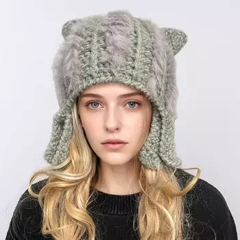 Модная зимняя женская шерстяная шапка с волчьими ушками, плюшевая вязаная шапка, сохраняющая тепло, утолщенная