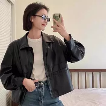 МОДНАЯ короткая куртка из искусственной кожи женская маленькая 2024 новая уличная локомотивная куртка в стиле гавани с американским лацканом Одежда S чёрный