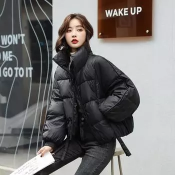 МОДНАЯ короткая куртка-пуховик женская 2024 новая зимняя утолщенная куртка-хлеб новый национальный стандарт 90 белая утиная пуховая куртка маленькая Одежда S чёрный