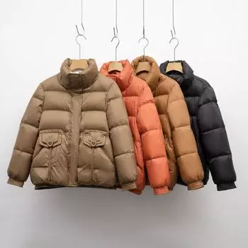 МОДНАЯ короткая куртка-пуховик зимняя женская куртка-хлеб новая маленькая теплая пуховая утолщенная куртка с воротником-стойкой Одежда S чёрный