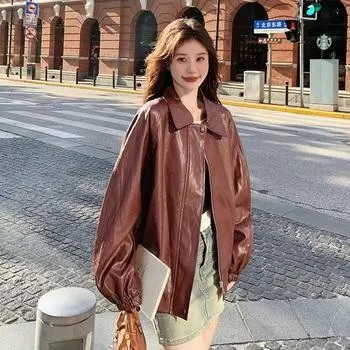 МОДНАЯ красновато-коричневая ретро куртка из искусственной кожи женская 2024 новая американская высококачественная уличная мотоциклетная одежда S тёмно-рыжий