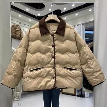 МОДНАЯ куртка-пуховик женская зимняя 2024 новая милая короткая куртка с контрастным цветным лацканом на белом утином пуху маленькая модная одежда S белый