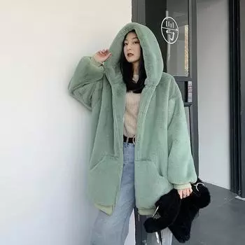 МОДНАЯ одежда плюшевая куртка женская зимняя имитация меха кролика Рекс средняя и длинная 2024 новое утепленное пальто с капюшоном Одежда S розовый