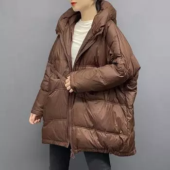 МОДНАЯ свободная куртка с капюшоном, женская, средней и длинной длины, 2024, новая повседневная модная однотонная белая теплая куртка на утином пуху Одежда M