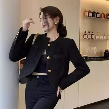 МОДНАЯ универсальная с длинным рукавом премиум-класса, маленькая ароматная, снаружи, маленькая, короткая, облегающая, нежный ветер, однобортная, черная верхняя одежда S чёрный
