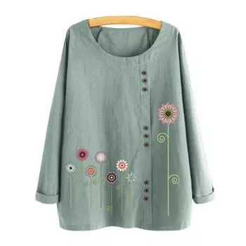 МОДНАЯ женская блузка с длинным рукавом и круглым вырезом, элегантный цветочный принт, декоративная рубашка с пуговицами, свободный топ XS зелёный