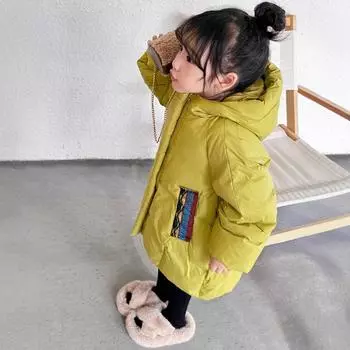МОДНАЯ зимняя корейская версия утолщенный белый утиный пух средний маленький детский теплый с капюшоном средней длины детский для мальчиков и девочек иностранный пуховик 100cm recommended height about 90 желто-зеленый