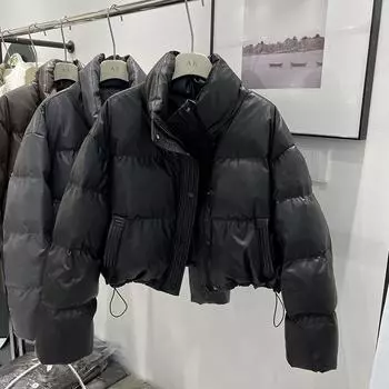 МОДНАЯ зимняя новая куртка-пуховик из искусственной кожи, женская свободная, утолщенная, с коротким воротником-стойкой, маленькая куртка-хлеб, теплая куртка S армия зеленый