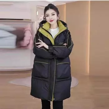 Модно и уютно: Женское пуховое пальто средней длины свободного кроя с капюшоном M чёрный