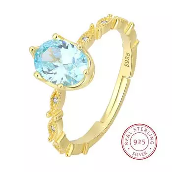 Модное 14-каратное золото с шестью когтями, овальное кольцо с аквамарином для женщин, стерлинговое серебро, подарок на день Святого Валентина, ювелирные изделия, кольца из стерлингового серебра для женщин, простое кольцо Resizable жёлтый