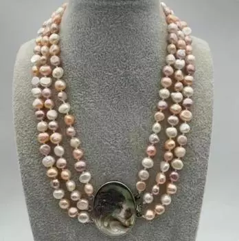 Модное 3-рядное белое, розовое, фиолетовое жемчужное ожерелье, кнопка в форме ракушки