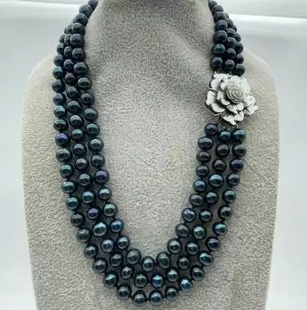 Модное 3-рядное ожерелье из натуральной черной жемчужной ракушки с цветочной застежкой