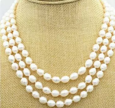 Модное 3-рядное ожерелье из натурального белого рисового жемчуга диаметром 7–8 мм длиной 17–19 дюймов.