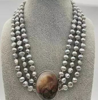 Модное 3-рядное серое жемчужное ожерелье с пуговицами-ракушками