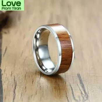 Модное 8 мм натуральное дерево нержавеющая сталь мужское серебряное кольцо обручальное мужское кольцо простые ювелирные изделия мужские кольца оптом 10