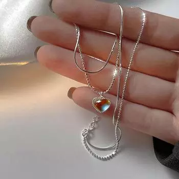 Модное элегантное ожерелье с подвеской в виде сердца из лунного камня, серебряная цепочка на ключицу onesize