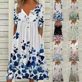 Модное элегантное платье больших размеров с V-образным вырезом и принтом, женское, на пуговицах, с коротким рукавом, повседневное, свободное, летнее, винтажное, с карманами, с цветочным принтом, женское платье 26378 M