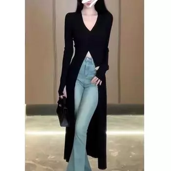 Модное элегантное трикотажное платье с V-образным вырезом для женщин, осеннее черное сексуальное облегающее платье с разрезом и длинным рукавом, повседневные вечерние платья для женщин, зимнее винтажное женское платье 2805 One Size