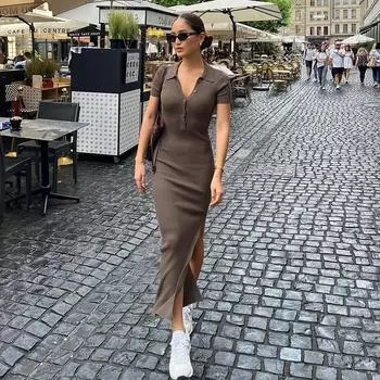 Модное элегантное женское офисное платье макси с коротким рукавом, летнее платье с отложным воротником, пуговицами и боковыми разрезами, облегающее уличное платье 2736 One Size чёрный