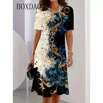 Модное элегантное женское платье размера плюс 8XL 9XL с коротким рукавом и круглым вырезом, повседневное платье для отдыха, платье большого размера с цветочным принтом и трапециевидной формой S