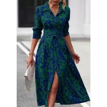 Модное элегантное женское платье-рубашка с принтом, новое свободное платье с длинным рукавом для офиса, дамское бандажное платье на пуговицах для вечеринок, женская одежда с отворотами 1840 S