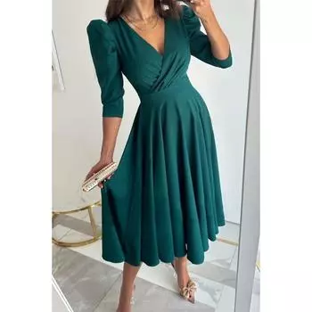 Модное элегантное женское платье с V-образным вырезом больших размеров, новое плиссированное свободное повседневное вечернее платье с коротким рукавом, женское платье-фонарик с рукавами-фонариками, однотонное женское платье А-силуэта 1356 S красный