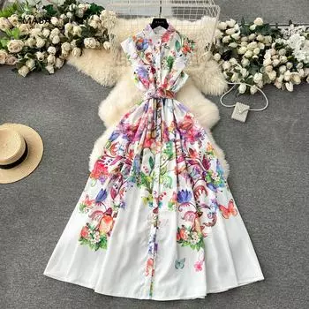 Модное элитное платье без рукавов с цветочным принтом, женское платье с воротником-стойкой с тонкой талией, шикарные легкие роскошные платья-майки знаменитостей 2024 S чёрный