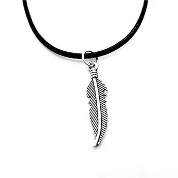 Модное антикварное серебряное ожерелье с подвеской в виде перьев, колье-лист, черный кожаный шнур, цепочка, ювелирные изделия для женщин