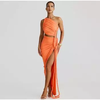 Модное асимметричное платье с открытой спиной и высоким разрезом, длинное женское сексуальное платье с косыми плечами из пеньковой веревки, ажурное летнее платье для отдыха S оранжевый