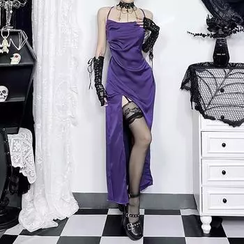 Модное атласное платье с боковыми разрезами на подтяжках, женское сексуальное платье без рукавов с открытой спиной, женское платье-комбинация с высокой талией и шнуровкой