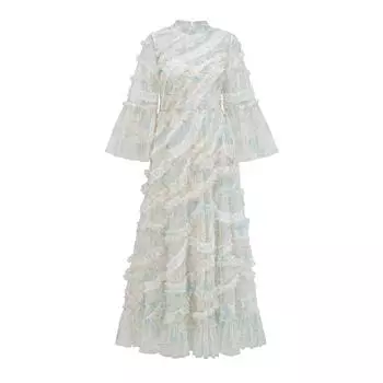 Модное банкетное платье Длинное платье Круглый вырез Сетчатая вставка Многослойное Большой клёш Приталенное платье S синий