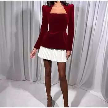 Модное бархатное платье с длинным рукавом, контрастный плиссированный подол, женское сексуальное облегающее платье с квадратным вырезом, элегантное роскошное платье, новинка, весна-осень S бордовый