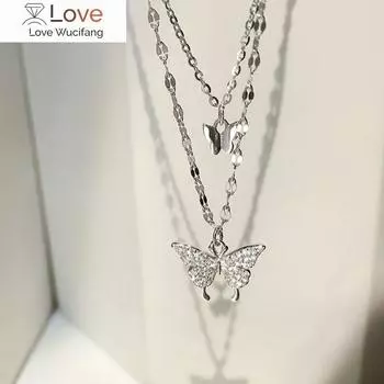 Модное блестящее бриллиантовое двухслойное ожерелье-бабочка, цепочка на ключицу, ожерелье с подвесками, женские свадебные украшения, подарки оптом 45cm золотой