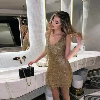 Модное блестящее женское платье с пайетками и кисточками, сексуальное облегающее платье без рукавов с V-образным вырезом, элегантное блестящее вечернее пляжное платье в стиле ретро S белый