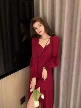 Модное большое осенне-зимнее красное платье в стиле ретро, темпераментное тонкое платье феи, темпераментное внутреннее платье, элегантная женская одежда S чёрный