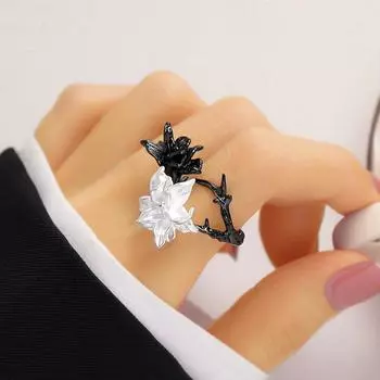 Модное черно-белое кольцо с цветком, простое регулируемое кольцо с отверстием, женское ювелирное изделие, подарок