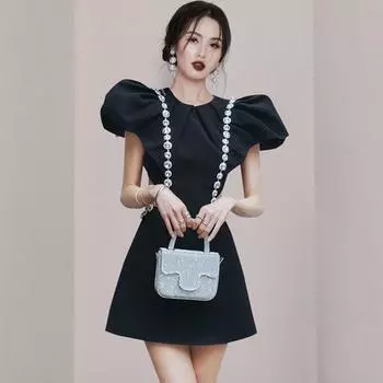 Модное черное мини-платье в стиле выпускного вечера с открытой талией и цепочкой с большими бриллиантами и пышными рукавами, вечерние короткие платья трапециевидной формы, женская одежда XL чёрный