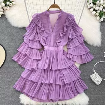 Модное черное многослойное платье с v-образным вырезом и рюшами, расклешенными рукавами, женское осеннее платье для девочек, шикарное платье, тонкие платья трапециевидной формы с талией One Size чёрный